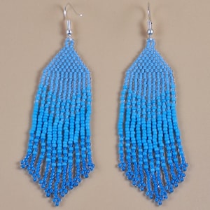 Handmade Beaded Fringe Fashion Earrings Spring/Summer Colors Aqua Blue Ombre Seed Beads 3 Inches Long