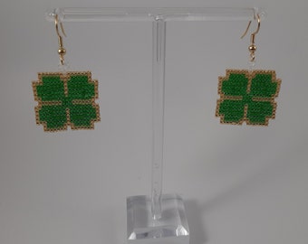 Beaded St. Patrick's Day 4 Leaf Clover Earrings With Gold