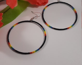 Simple Beaded Hoop Earrings Seed Bead Hoop Earrings South Western Style Cowgirl Earrings Boho Rainbow Black