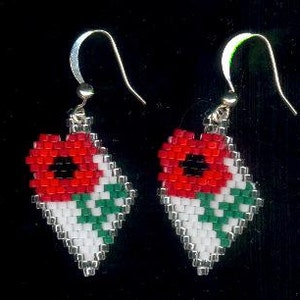 Red Poppy Flower Diamond Beaded Seed Bead Earrings