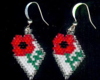 Red Poppy Flower Diamond Beaded Seed Bead Earrings