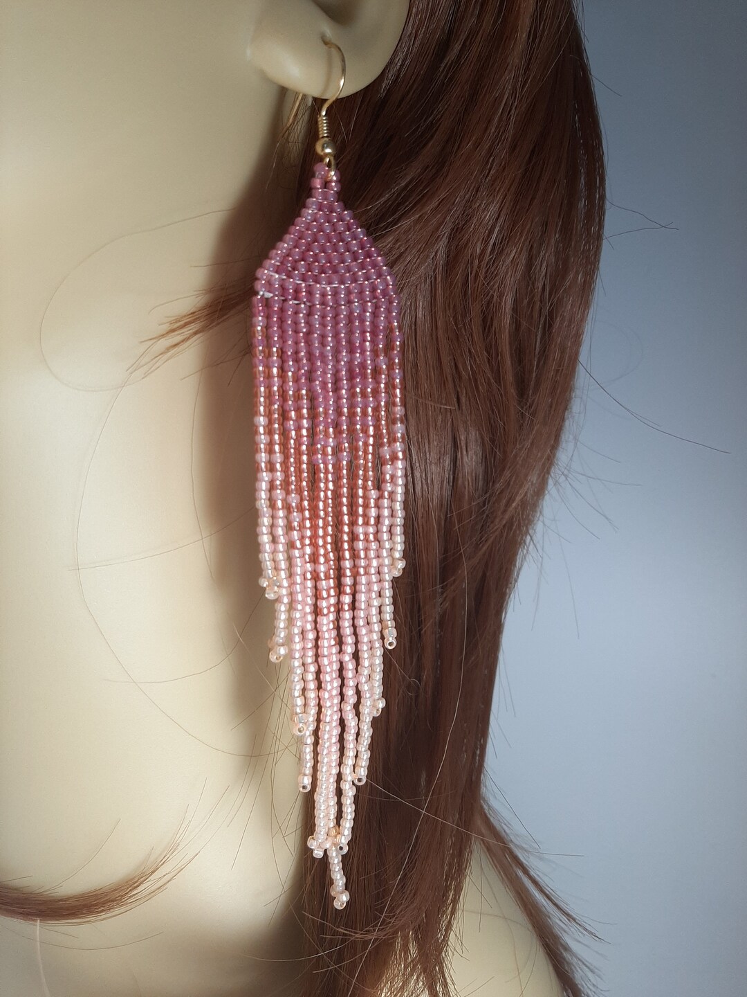 Long Beaded Pink Peach Ombre Fringe Fashion Earrings - Etsy