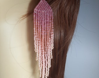 Long Beaded Pink Peach Ombre Fringe Fashion Earrings