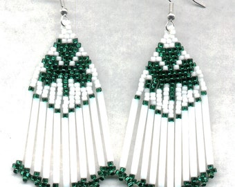 St. Patrick's Day White Fringe Beaded Clover Earrings