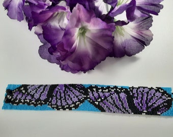 Beaded Lupus Awareness Cuff Bracelet Purple Monarch Butterfly