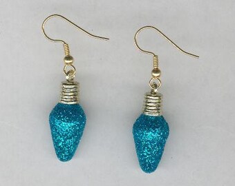 Aqua Blue Christmas Light Bulb Ornament Earrings