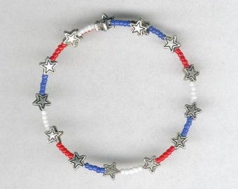 Patriotic Jewlery Red, White, Blue, Stars Beaded Bracelet 4th of July