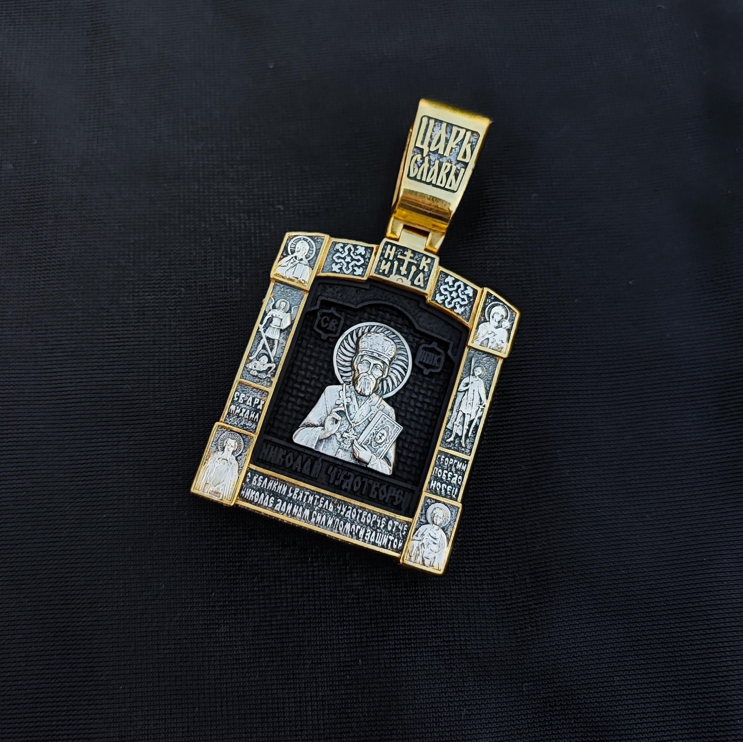 Silver sterling pendant with wood Ebony insert with gilding 24k with St.Nickolas