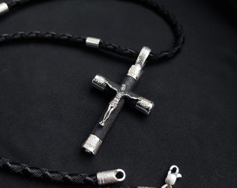 Silver sterling cross with Ebony insert and cord with silver insert
