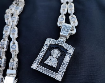 Silver massive pendant with St.Nickolas and massive chain of silver and wood Ebony (gift, acessories for boyfriend, father)