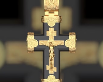Modelo 3D de uma cruz com detalhe em madeira de ébano.