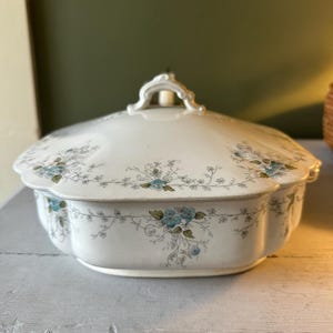May include: A white ceramic serving dish with a lid. The dish has a scalloped edge and is decorated with a floral pattern in shades of blue and green.