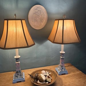 Pair of Two Vintage 26 Inch Tall Chinese Golden Peony Candlestick Lamps with Shades and Finials