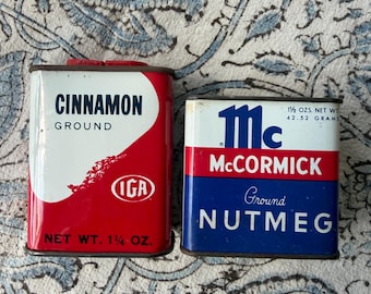 Two Vintage 1960’s Collectible Spice Tins- IGA Cinnamon and McCormick Nutmeg