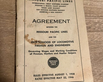 Missouri Pacific Lines fireman agreement, circa 1946, railroad memorabilia
