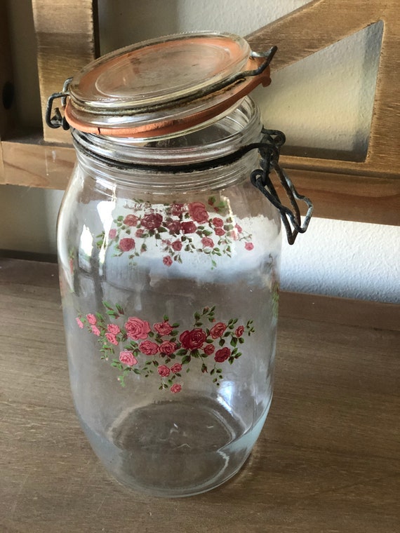 Floral Glass Jar With Bale Lid, Vintage Jar, Glass Jar, Mason Jar, Fruit Jar  