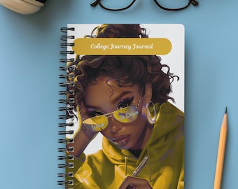 Curly-Haired Student Illustration Spiral Journal | College Journey Notebook