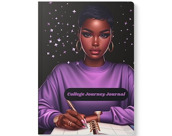 College Journey Journal Softcover Journal | Melanin Woman Illustration, Purple Stars