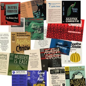 Peut inclure: Une collection de couvertures de livres vintage d'Agatha Christie, avec des titres tels que "Mrs. McGinty's Dead", "Murder is Easy" et "The Pale Horse". Les couvertures présentent diverses couleurs, dont le rouge, le bleu et le jaune, avec du texte et des illustrations.