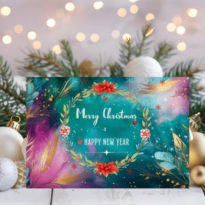 Whimsical Bohemian Holiday Card Set,3 Sparkling Designs with Gold Accents,Charming Digital Festive Cards,Boho Floral & Feathers , Templates
