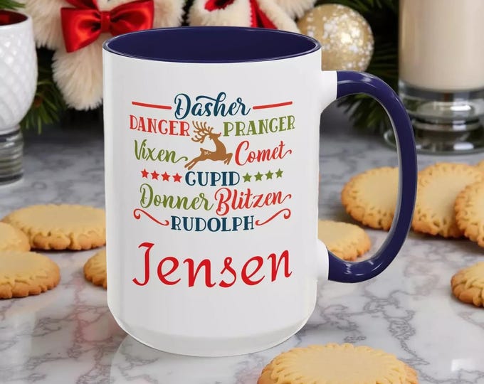 Holiday Coffee Mug, Personalized Reindeer Names Design (11oz or 15oz Ceramic)