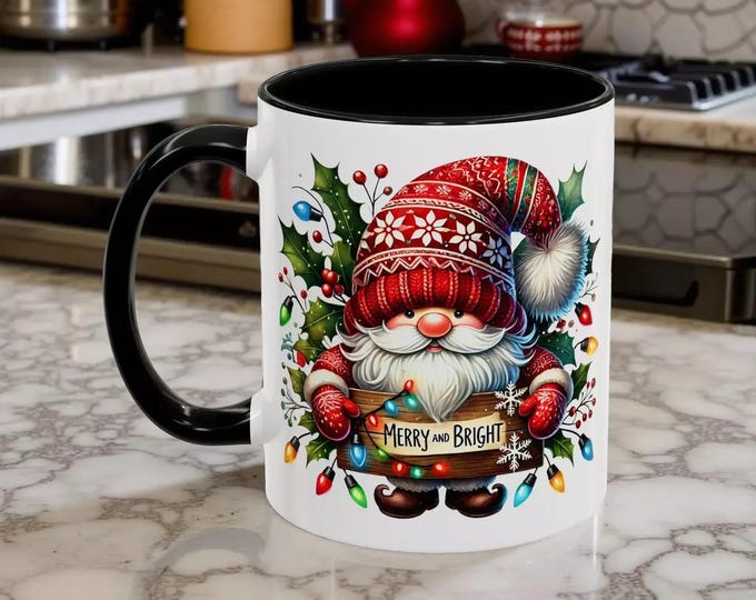 Christmas Gnome Coffee Mug, Holiday Ceramic Mug, Red or Black Interior