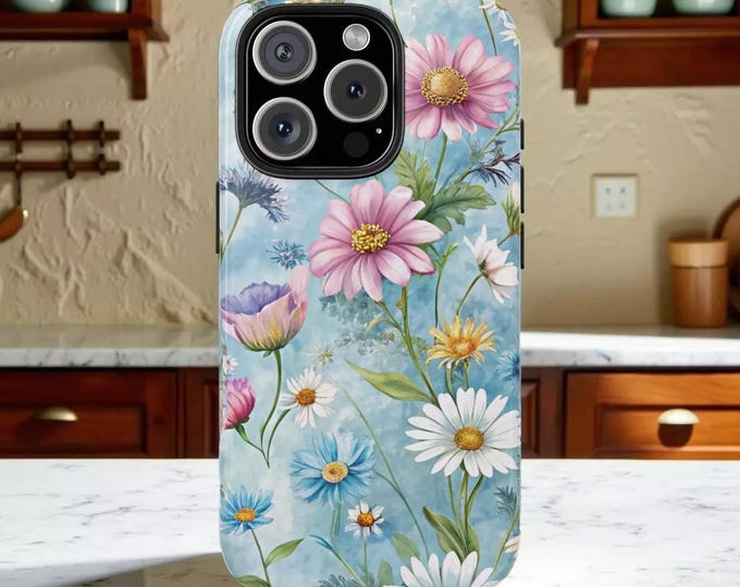 Floral Phone Case: Pink & White Flowers on Light Blue Background