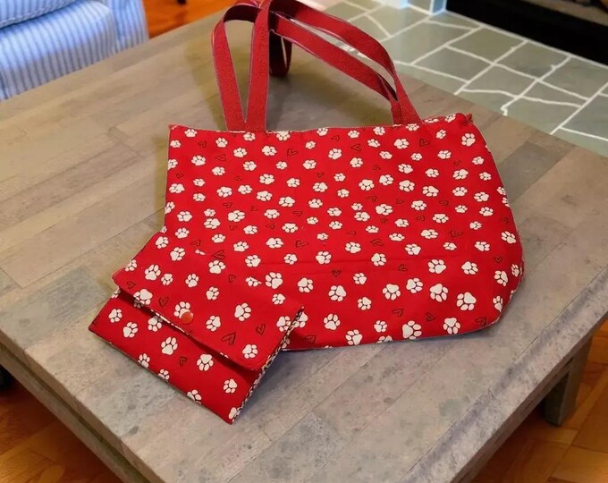 Dog Lover Tote Bag, Red & White Paw Prints (Includes Matching Wallet), Bookish Tote Bag, Cute Tote Bags, Floral Gift Bag
