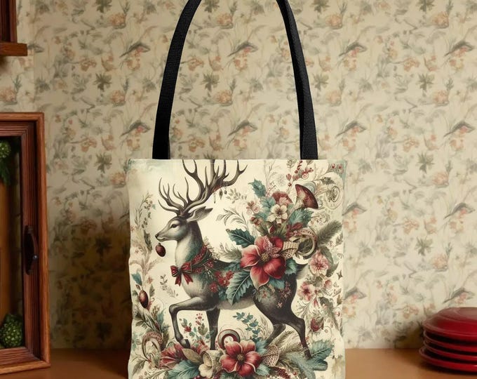 Vintage Look Reindeer Christmas Carryall Tote Bag, Book Shopping Bag