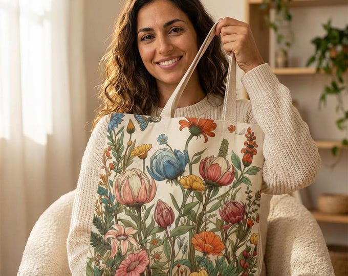 Floral Meadow Tote Bag - Colorful Vintage Wildflower Design Optional Matching Travel Mug