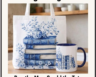 Blue Delft Book Lover Mug & Tote Gift Set | Literary Coffee Cup | Bookish Gift for Her | Library Mug | Reader Gift Vintage Book Stack Design