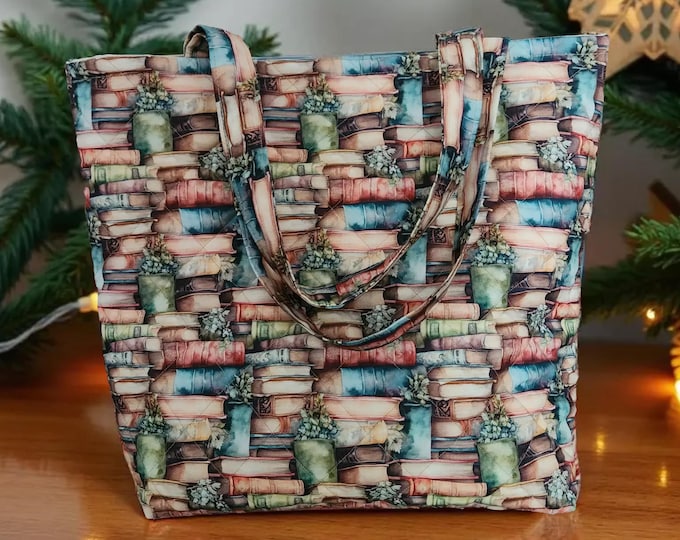 Large Quilted Tote Bag - Book Lover Design Shopping Carryall
