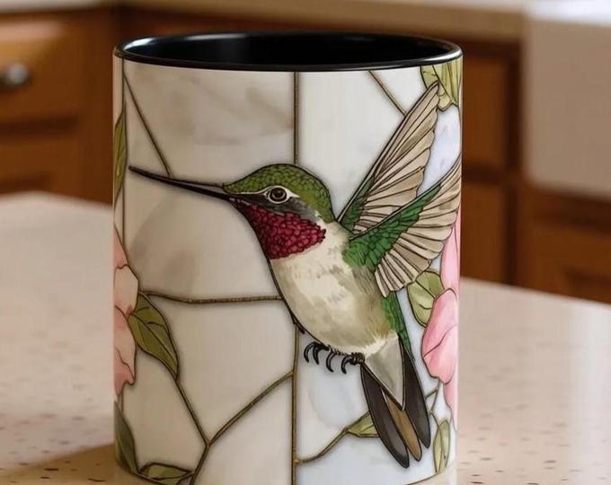Hummingbird & Pink Peonies Accent Coffee Mug — Stained Glass Floral Design