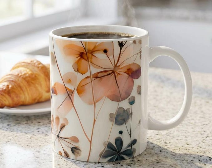 Floral Watercolor Ceramic Mug — Soft Botanical Coffee Cup
