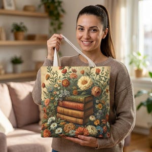 May include: A beige tote bag featuring a floral design with a stack of books. The artwork includes a variety of flowers in shades of orange, yellow, and white. The bag has white handles and is held by a person.