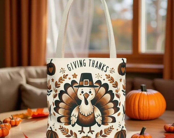 Thanksgiving Tote Bag: Turkey Design, Fall Colors, Bookish Tote Bag, Cute Tote Bags, Floral Gift Bag