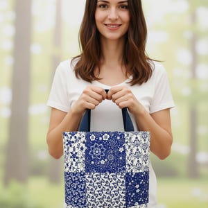 Patchwork Blue & White Cottagecore Small Tote Bag - Limited Edition
