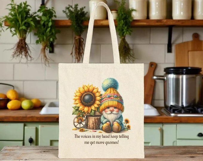 Sunflower Gnome Tote Bag: Eco-Friendly Cotton Canvas, Book Bag