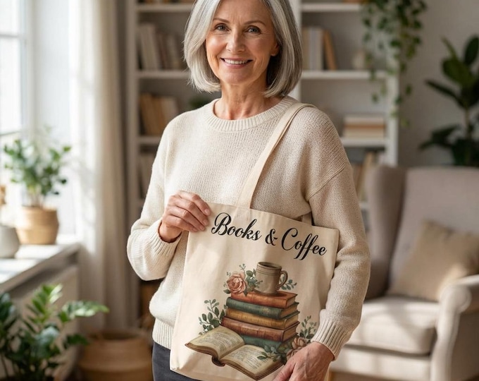 Bookish Tote — Floral Stack of Books with Coffee Mug Literary Canvas Bag