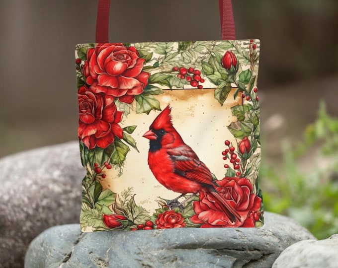 Cardinal Bird Floral Polyester Tote Bag, Holiday Book Bag, Bookish Tote Bag, Cute Tote Bags, Floral Gift Bag