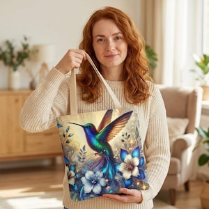 Hummingbird Floral Tote Bag — Vibrant Blue Bird & Blossoms