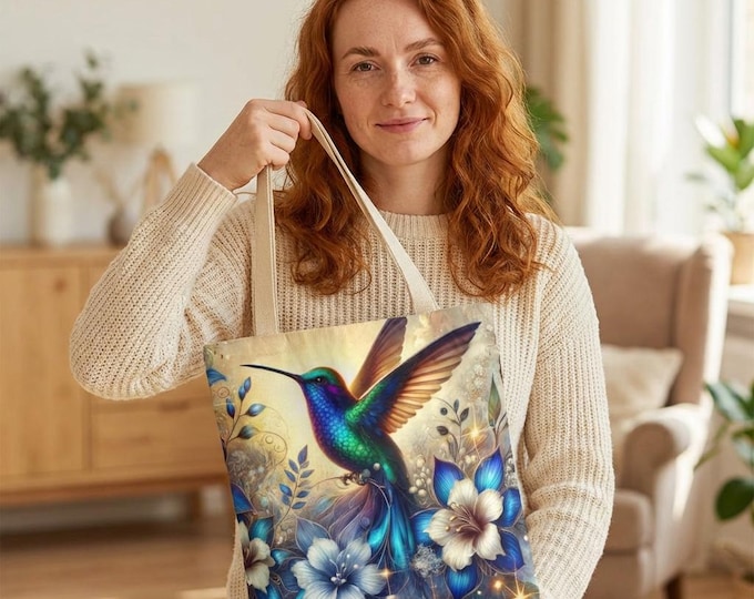 Hummingbird Floral Tote Bag — Vibrant Blue Bird & Blossoms
