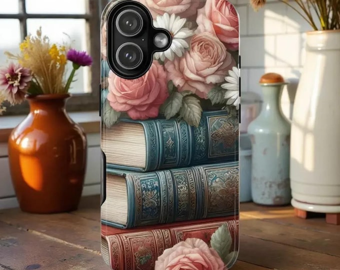 Floral Vintage Look Phone Case - Pink Roses and White Daisies Books Design