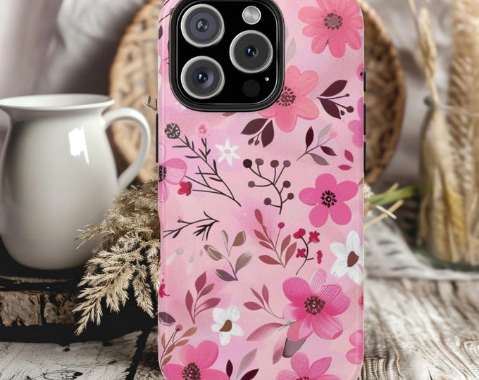 Pink Floral Tough Phone Case, Impact Resistant, Lexan Plastic