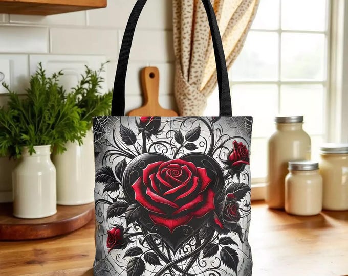 Gothic Floral Tote Bag, Heart & Roses Design (Multiple Sizes) Shopping Book Bag
