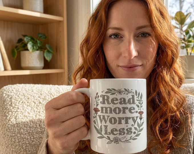 20oz Jumbo Mug - 'Read More. Worry Less.' Floral Ceramic Coffee Cup