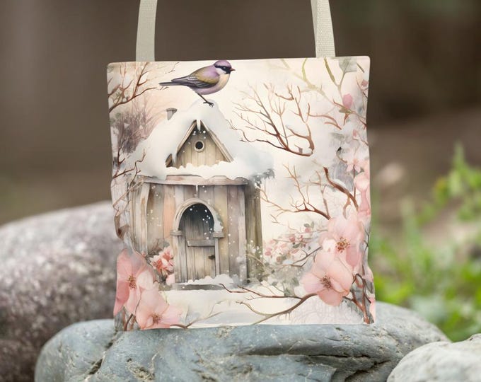 Snow Bird Winter Shopping Grocery Book Tote Bag, Bookish Tote Bag, Cute Tote Bags, Floral Gift Bag