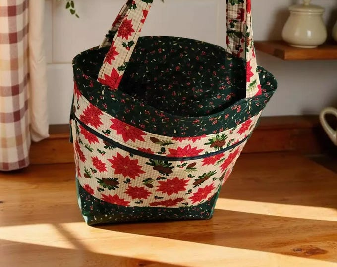 Christmas Tote Bag: Red Poinsettias and Green Leaves, Festive Floral Book Shopping Carryall