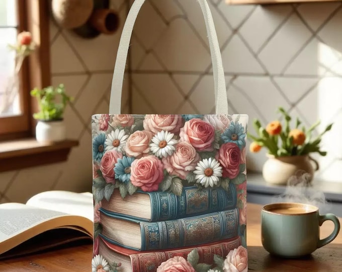 Floral Vintage Look Tote Bag: Books and Roses Design Carryall Shopping Gift