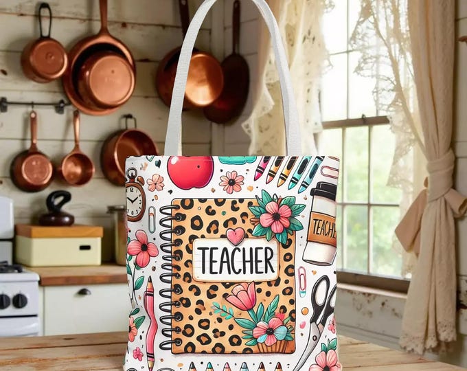 Leopard Print Teacher Tote Carryall Book Bag - Floral Design, Roomy and Durable